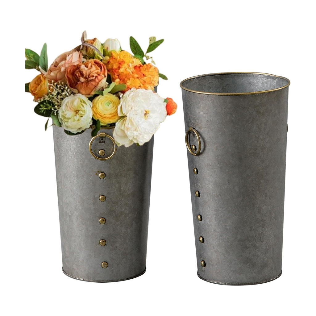 SOFE Galvanized Bucket Metal Vases Set of 2, Rustic Floral Buckets 10" Tall
