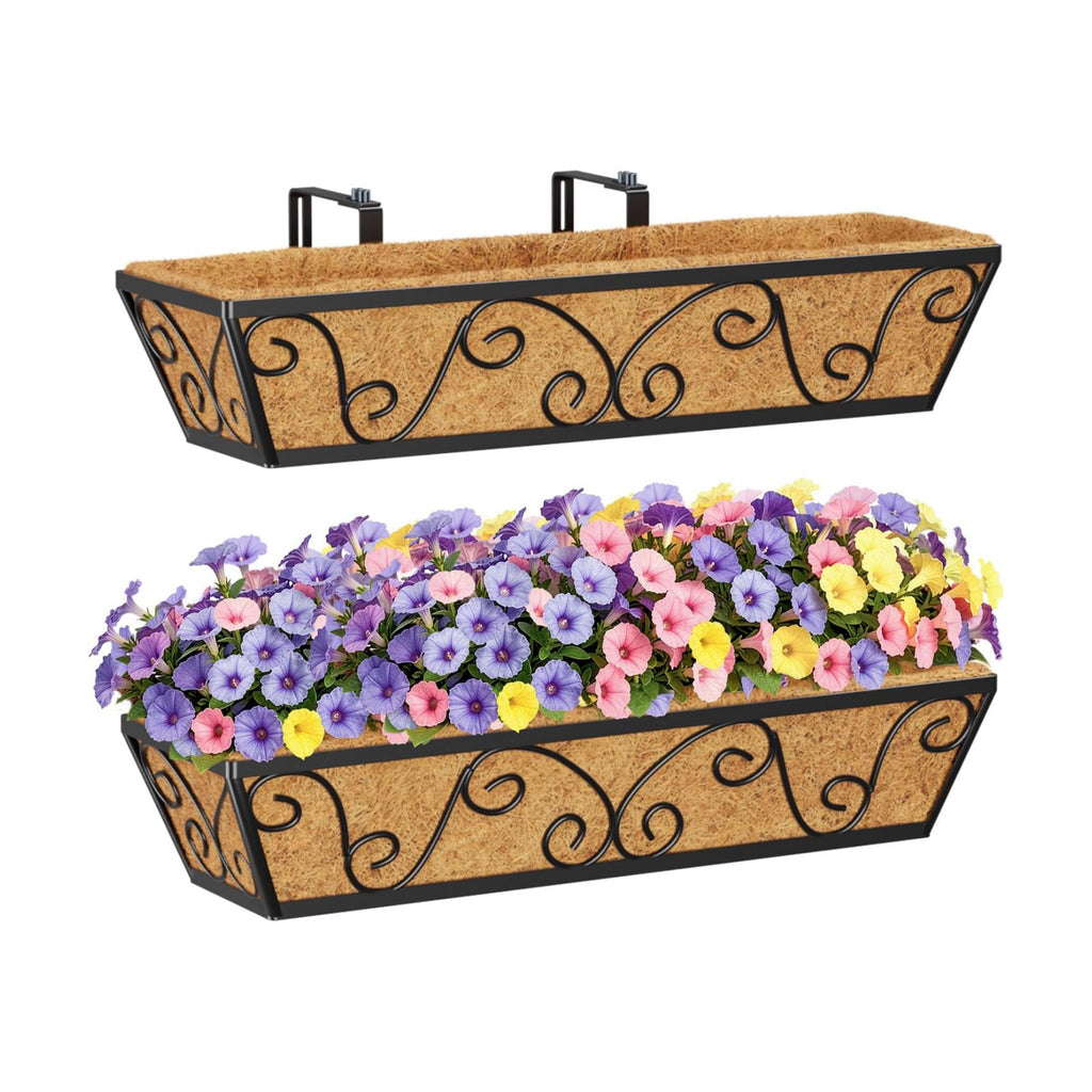 HFHOME 24 Inch Railing Planter Box with Coco Liners for Porch, Fence, Patio, Balcony Hanging Flower Railing Baskets