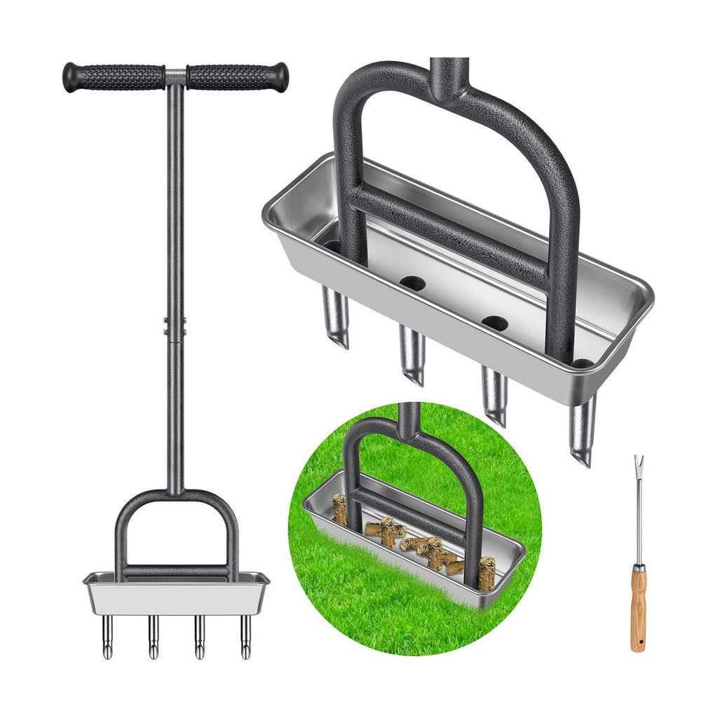 Lawn Coring Aerator Tool, 4 Core Stainless Steel Manual Aerator | Removes Soil Plugs, Soft Rubber Grip, Durable