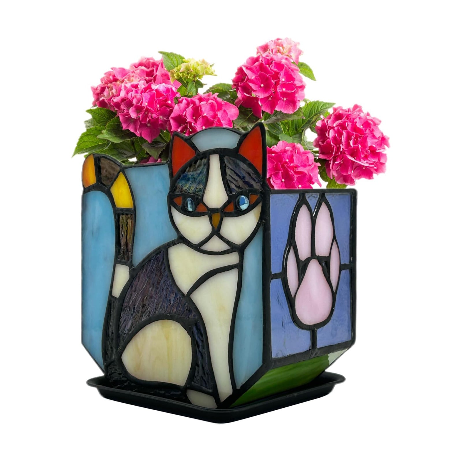 Handmade Stained Glass Indoor Plant Pot,Flower Pots with Drainage Holes,Black Orange Cat Planter Pot, Cute Succulent