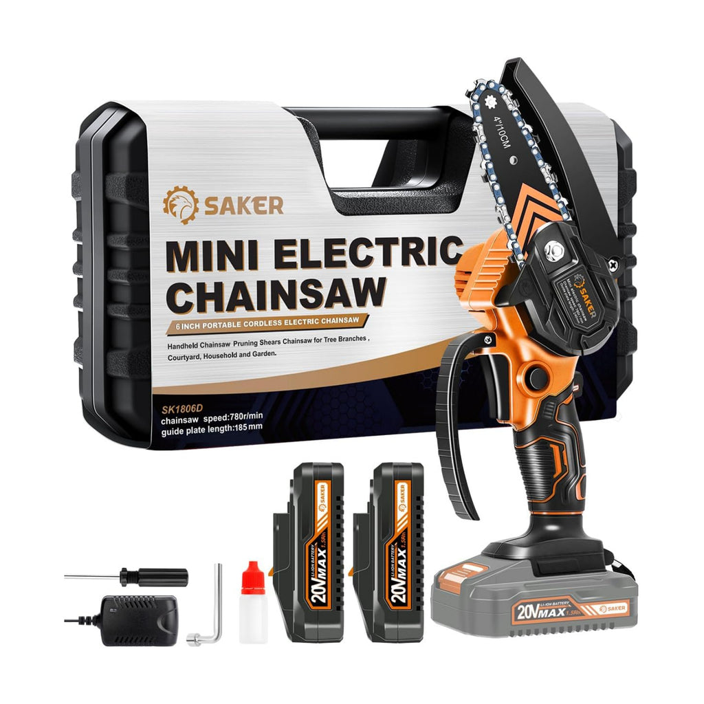Saker Mini Chainsaw Cordless with 2 Batteries Orange | Portable Electric Chainsaws Cordless,Handheld Chain Saw Pruning