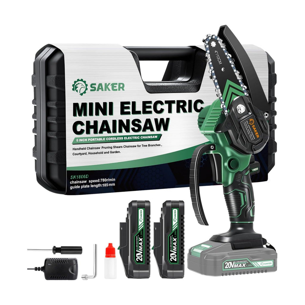 Saker Mini Chainsaw Electric with 2 Batteries Green | Cordless and Portable Chain Saw Battery Powered,Handheld Chain