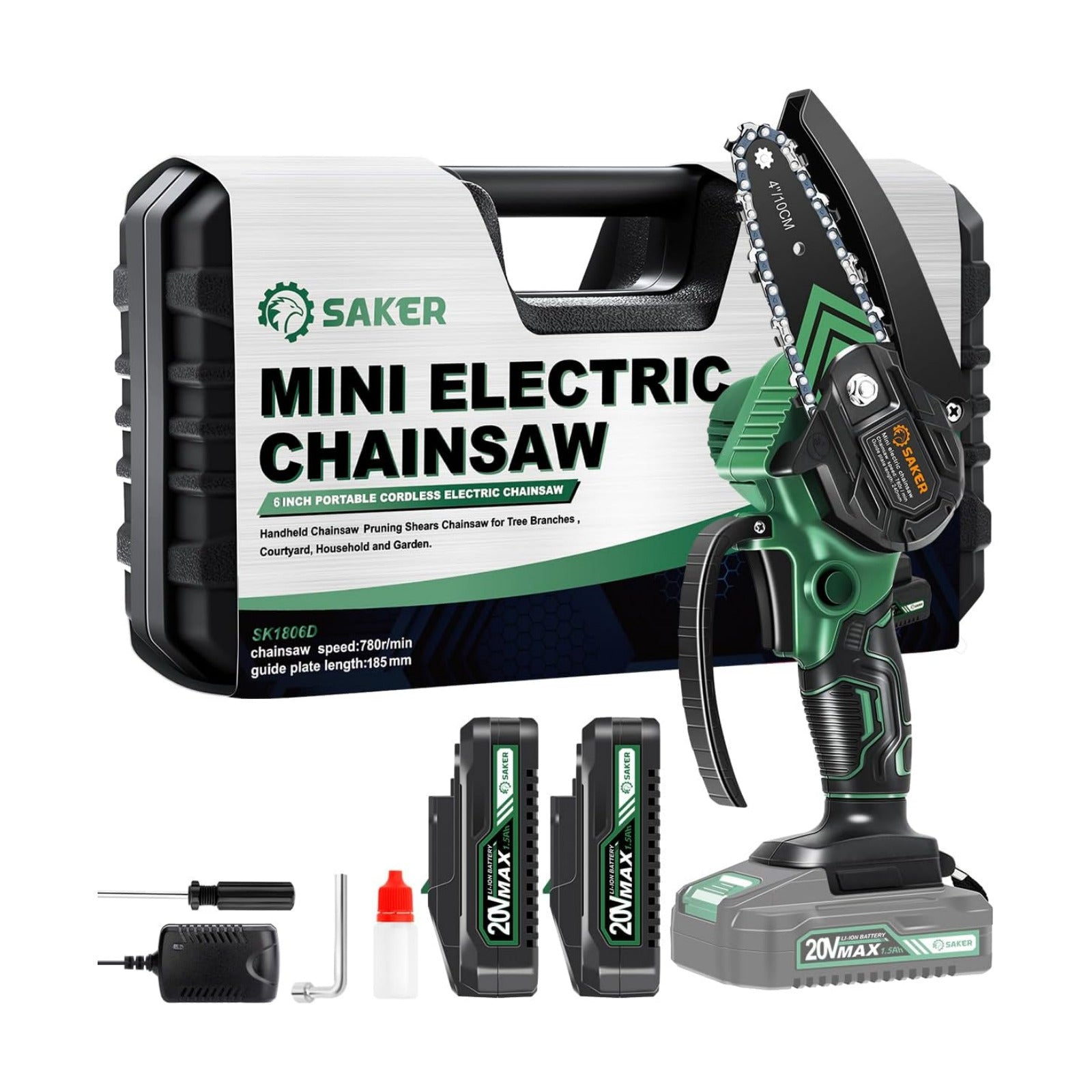 Saker Mini Chainsaw Electric with 2 Batteries Green | Cordless and Portable Chain Saw Battery Powered,Handheld Chain
