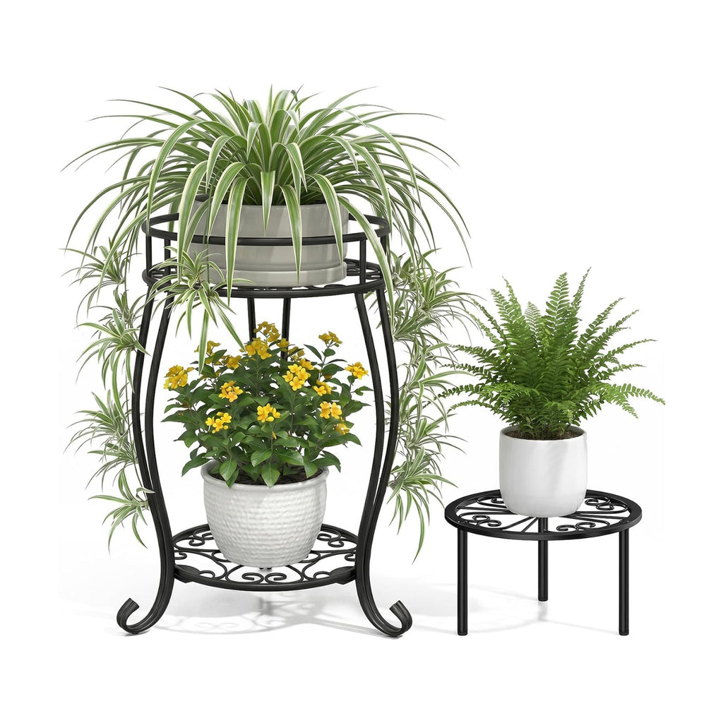 TOSKING 2-Tier & 9.1'' Single Metal Plant Stand Set,Indoor/Outdoor,Black | Single Stand with Adjustable Leveling Feet