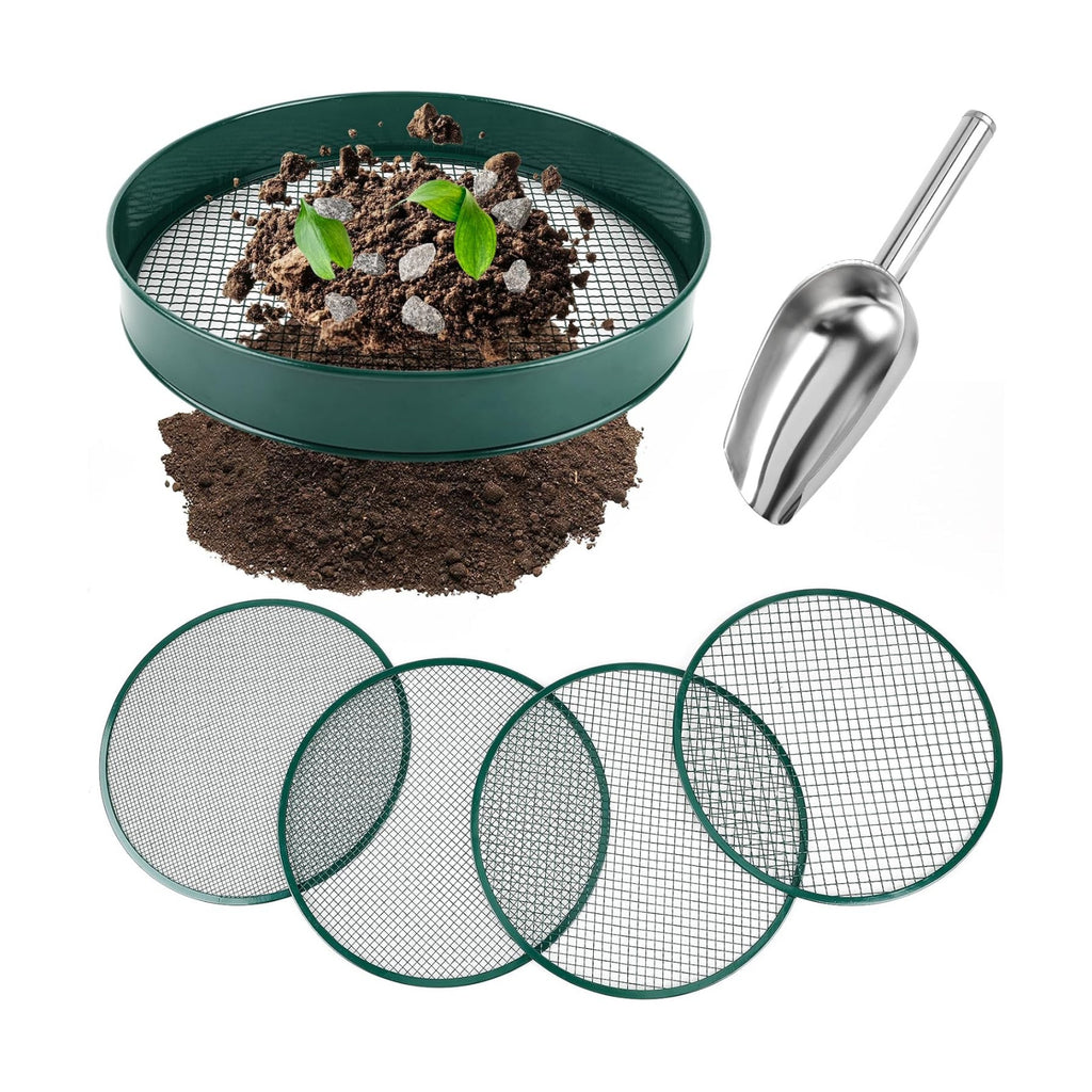 Soil Sifter for Gardening, 12" Green Soil Sifter Potting Sieve with Shovel and 4 Fine Screens for Sand Dirt, Sand