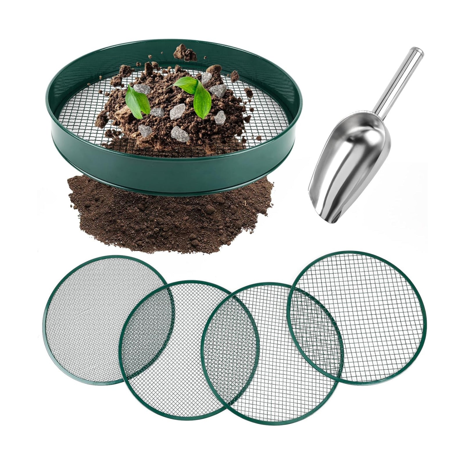 Soil Sifter for Gardening, 12" Green Soil Sifter Potting Sieve with Shovel and 4 Fine Screens for Sand Dirt, Sand