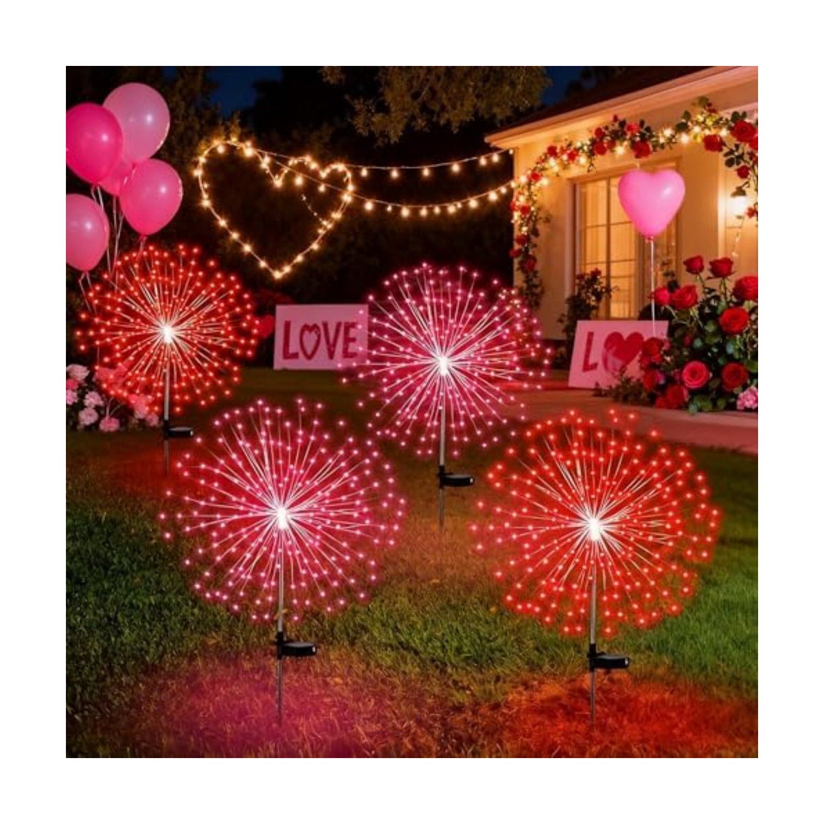 Tujoe 4 Pack Valentines Day Solar Firework Lights 180 LED 8 Lighting Modes Waterproof Solar Lamps Decorative Garden Stake Lights for Valentines Wedding Party Pathway Patio Decor
