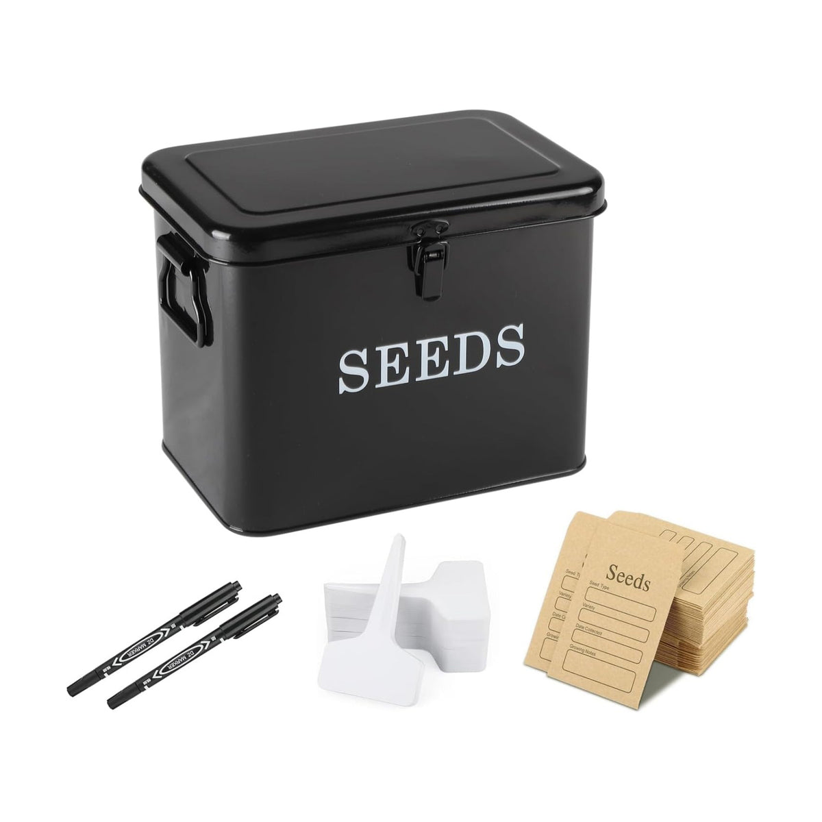Seed Storage Organizer, T-Shape Compartment Seed Box with Safety Lock, Metal Seed Saving Box, Portable Seed Bin Container with Handle, Including 2 Pens 20 Plant Labels 50 Seed Envelopes-Black