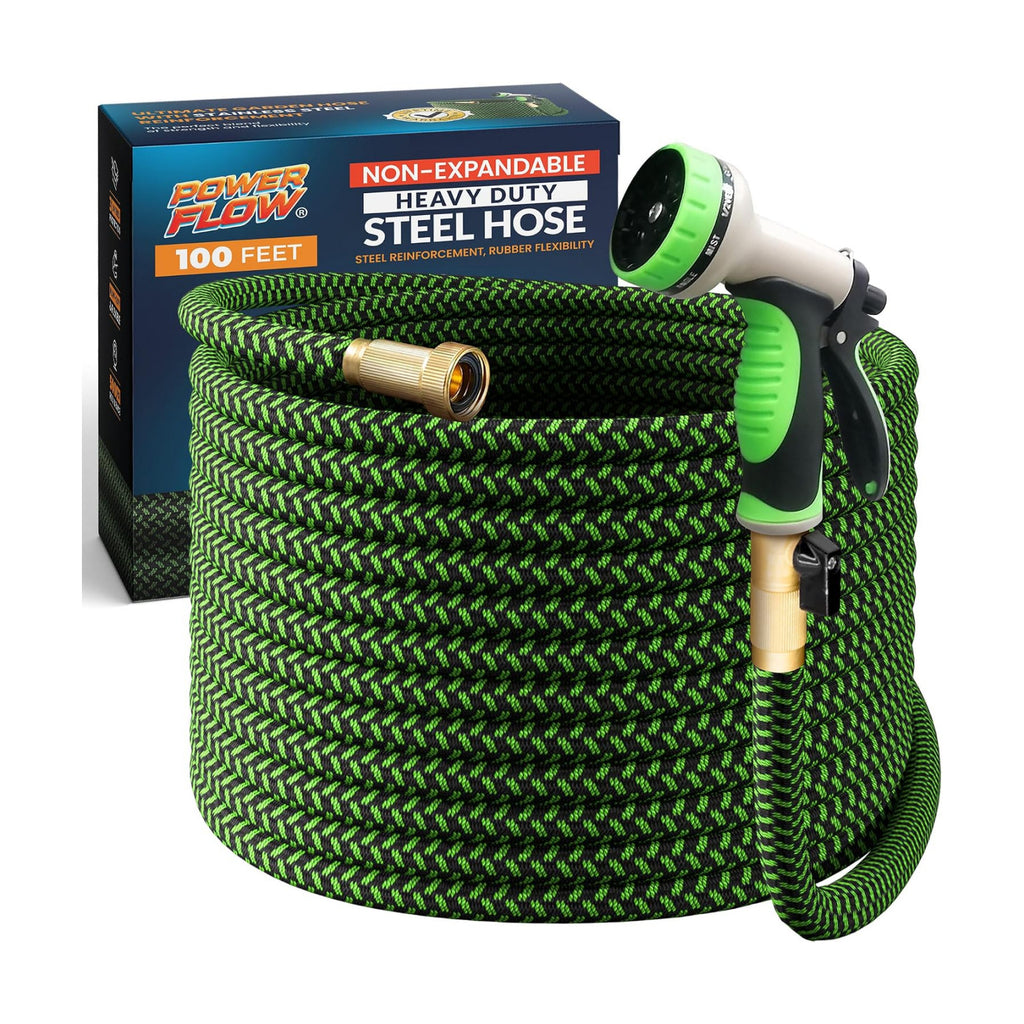 Garden Hose, NON-EXPANDABLE 100ft Premium Quality Stainless Steel Metal Water Hose with Durable Fabric Skin, Hose For