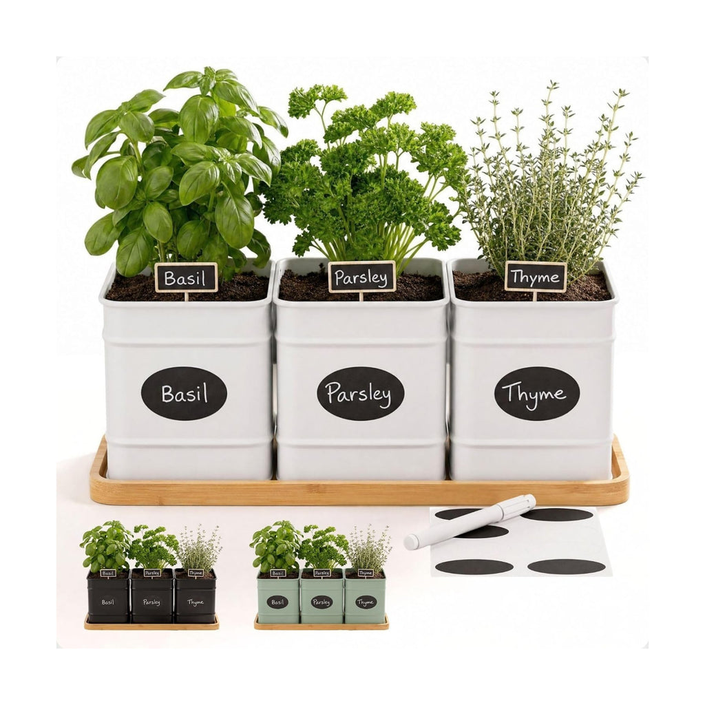 Herb Planter Indoor, 3-pc Herb Pots w/ Drainage Holes, Bamboo Tray & Labels | Iron Herb Pots, Varnished Bamboo Tray