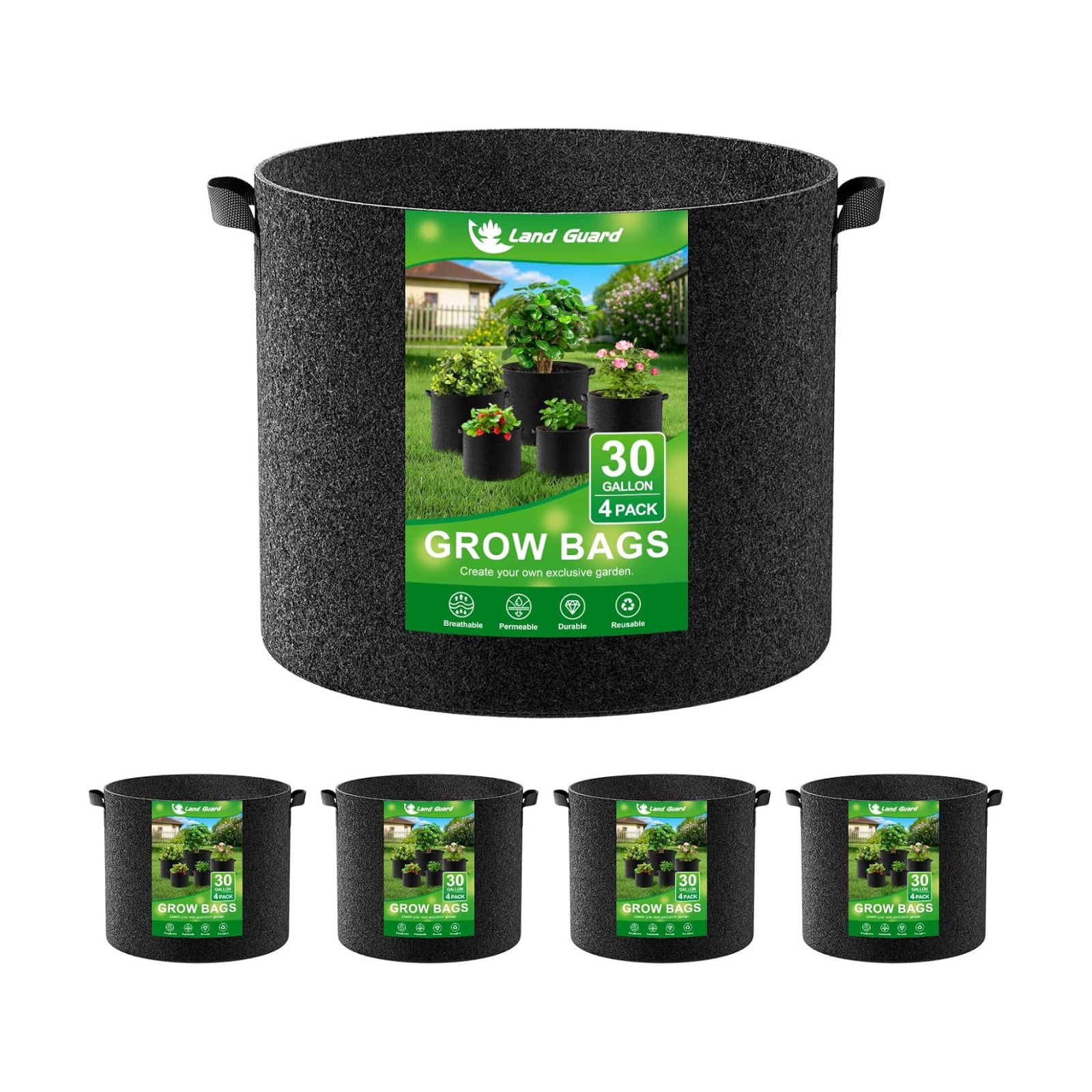Land Guard 4-Pack Fabric Grow Bags 30 Gallon, Thickened Nonwoven Garden Pots, Growing Bags with Handles, Black