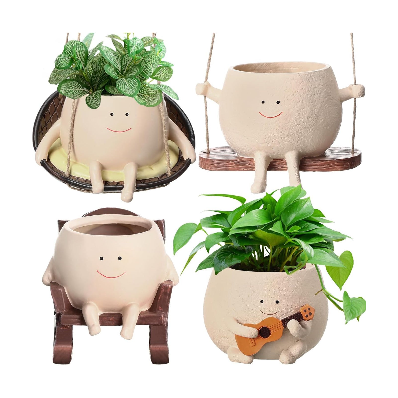 4 Pack Smile Face Planter Pot Small Hanging Swinging Planter Cute Holder for Indoor Outdoor Plants Funny Swing Gifts