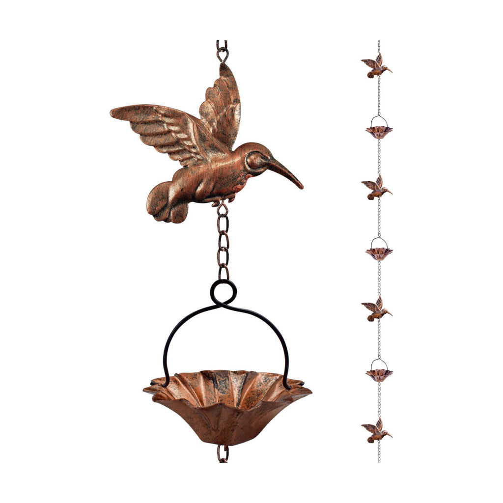 8.5Ft Copper Rain Chains for Gutters | Lotus Rain Catcher Chain for Gutters Outside with Adapter, Hummingbird and Cup