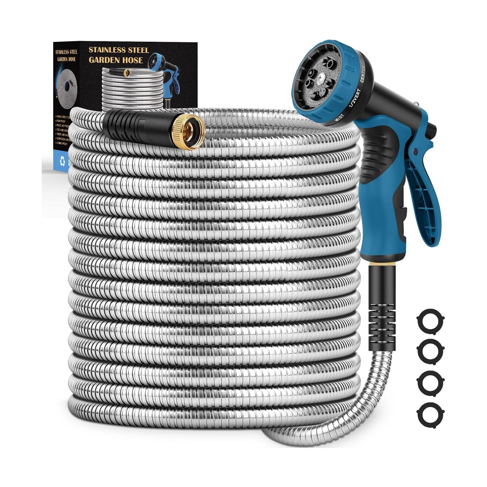 Garden Hose 50FT, Water Hose with 10 Function Nozzle, Garden Hose Metal with Leak-proof Connectors, Kink-Free & Ultra