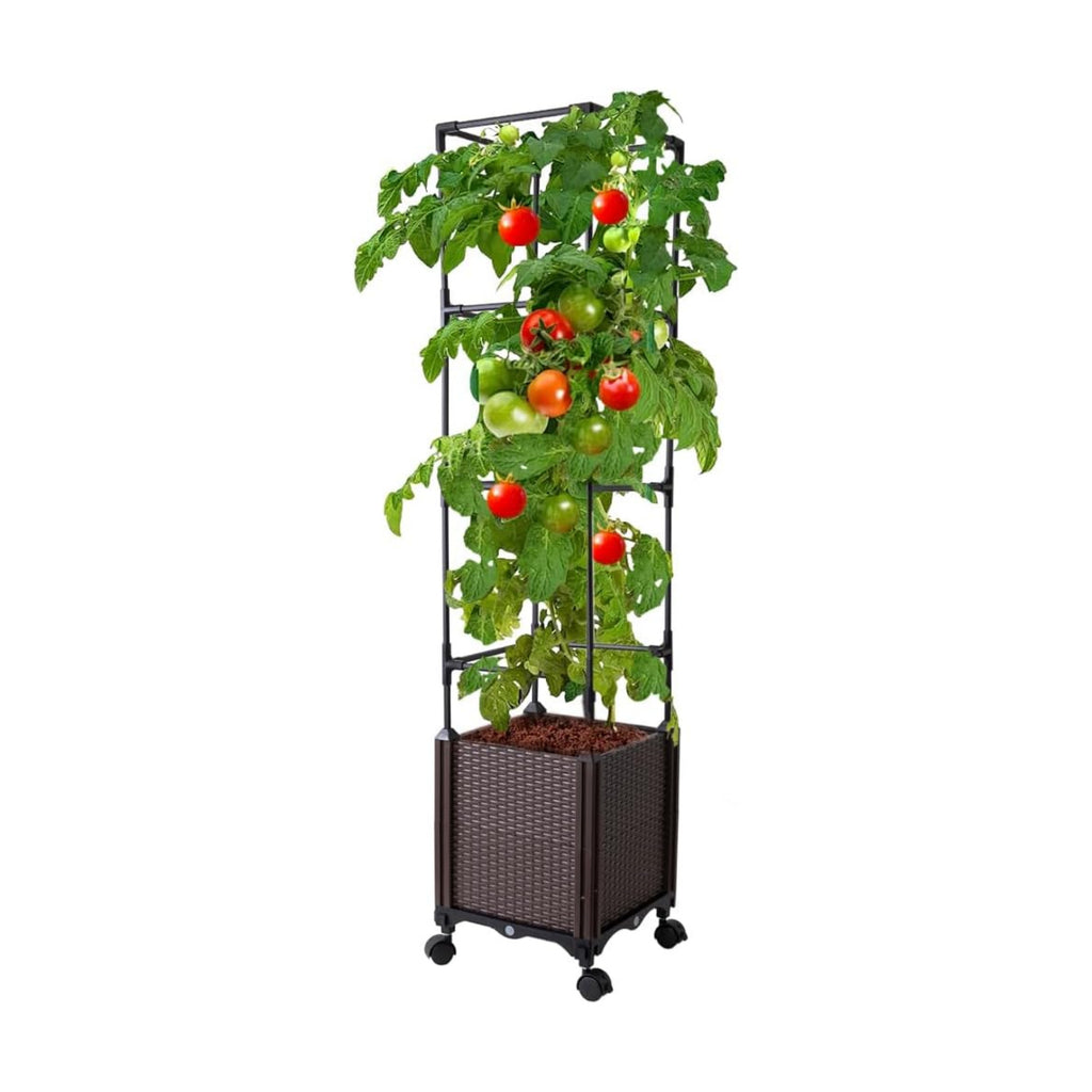 Raised Garden Bed with Tomato Cage & Trellis, 56" Self-Watering Tomato Planter Box for Vegetables Flowers | Lockable