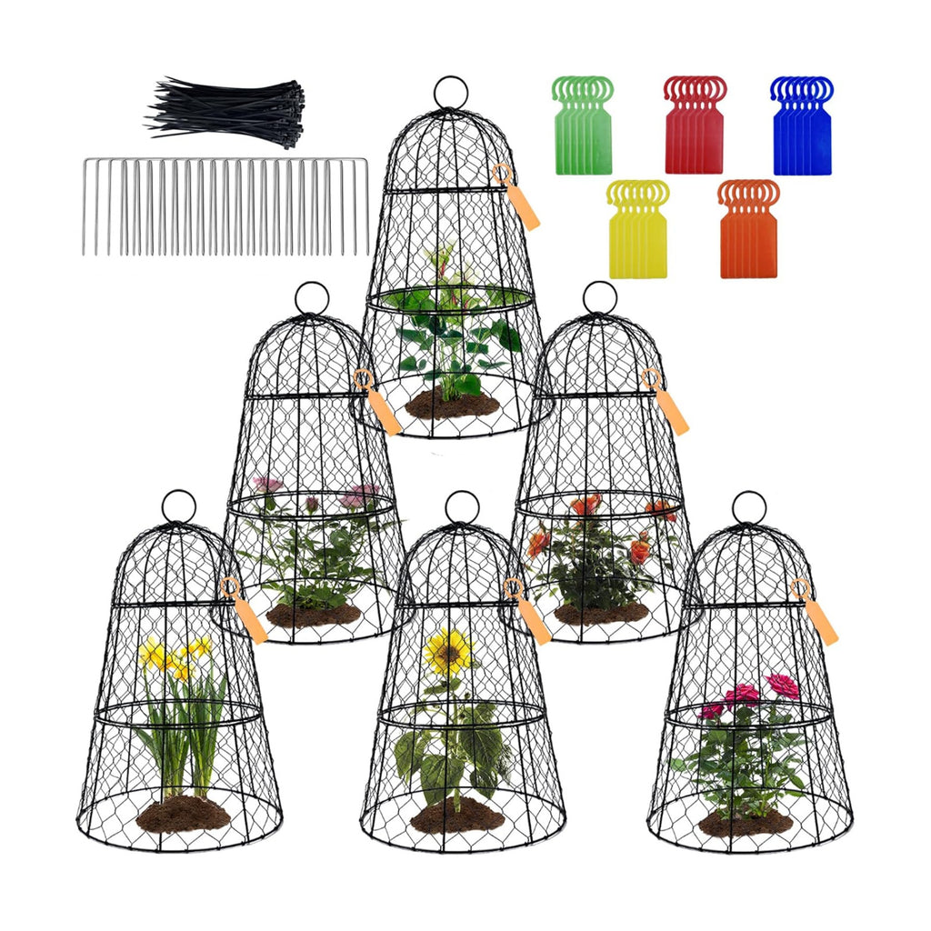 6 Pack 11.4" D x 17.7" H Garden Cloches for Plants,Rustproof Chicken Wire Cloches Flip-Top Design,Upgraded Triple