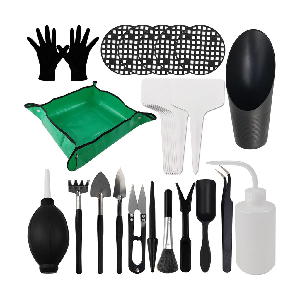 TIHOOD 30PCS/Set Mini Garden Hand Transplanting Succulent Tools Set, 19.7" Thickened Repotting Mat & Plant Tag, Miniature Planting Indoor Fairy Care, Potting, Cactus, Houseplant Bonsai Tool Kit