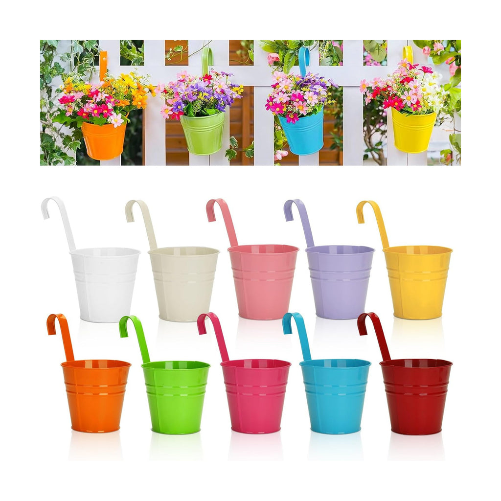 KINGLAKE Flower Pots,10 Pcs Metal Iron Hanging Flower Plant Pot Balcony Garden Plant Planter Baskets Fence Bucket Pots