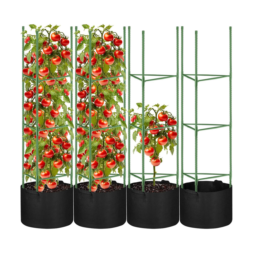4 Pack Tomato Cages 55 x 12 Inch for Garden with 11 Gallon Round Planter | Pots Grow Bags with Heavy Duty Triangle