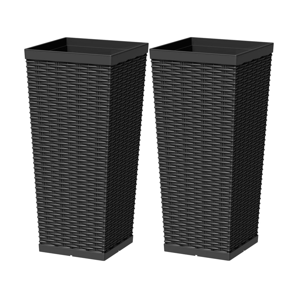 Greesum 24 Inch Tall Plastic Planters with Rattan Texture – Set of 2, Black | Detachable Inner Pot & Drainage Holes