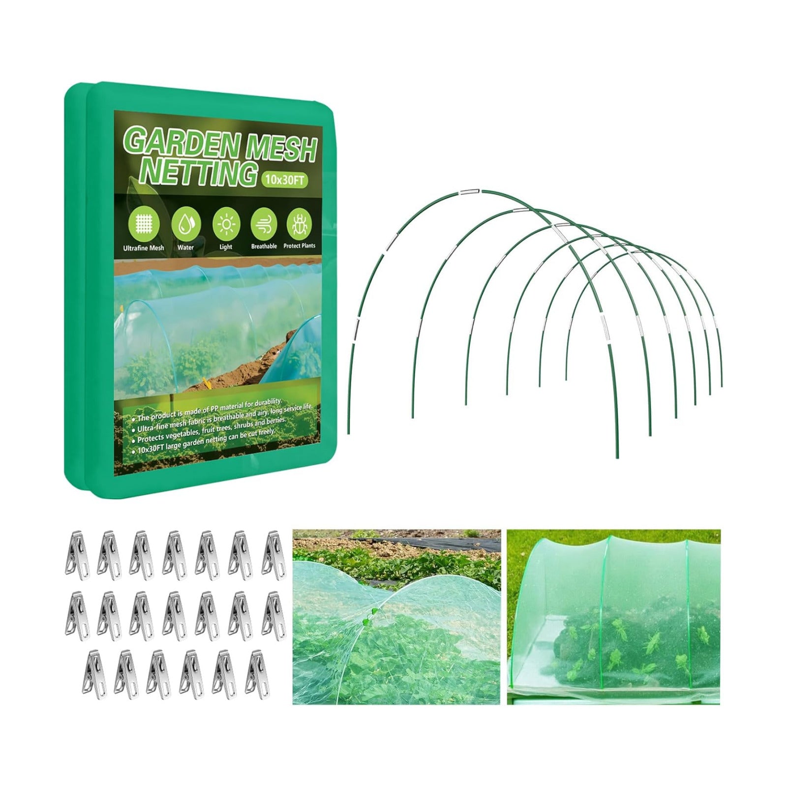 Garden Netting Kit for Raised Beds, 10x30FT Green Ultra Fine Mesh Netting ＆6 Sets of 8FT Garden Hoops, Insect Netting