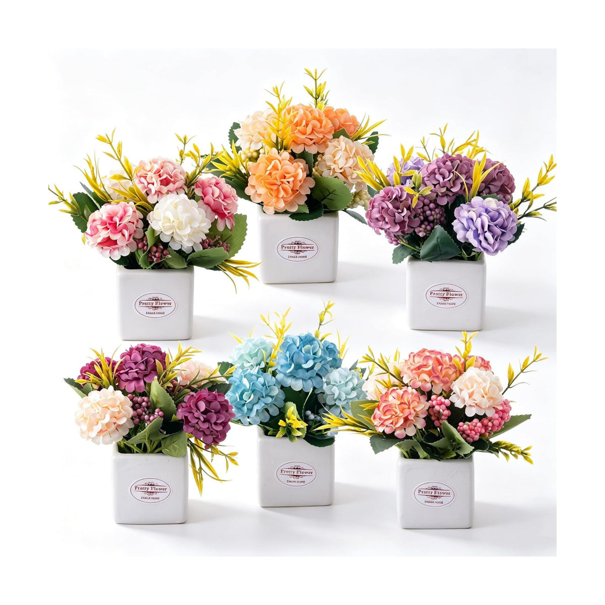 6Pcs Artificial Flowers with Ceramic Pot Small Fake Hydrangea Flowers