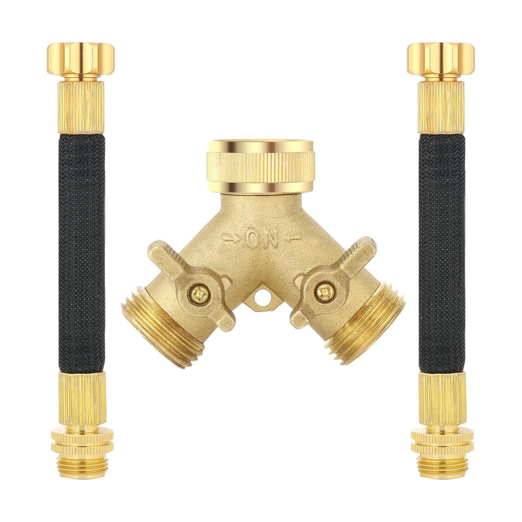 3/4 Inch Brass 2-Way Garden Hose Splitter – Y-Shaped Hose Connector with 2 Anti-Kink Spiral Protectors, Heavy-Duty