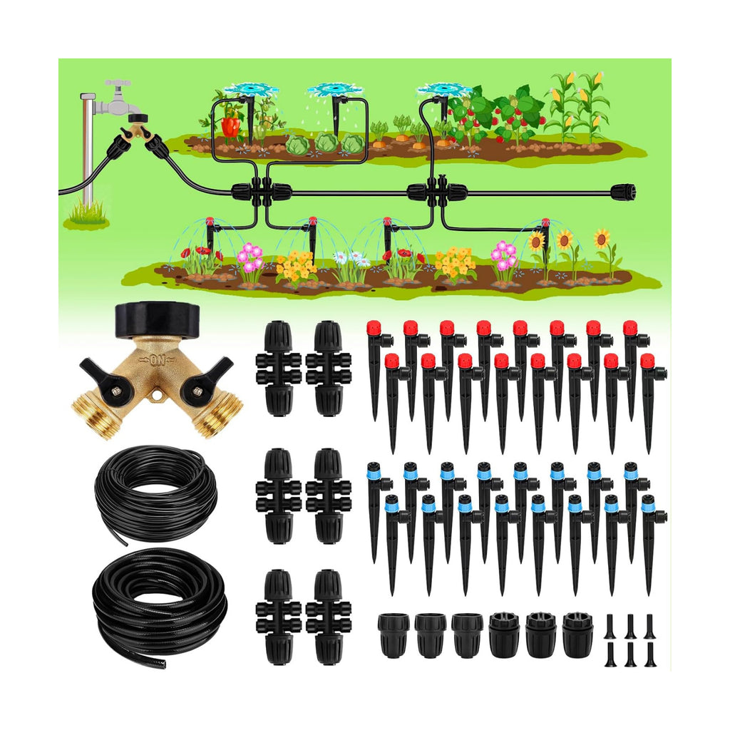 250FT Drip Irrigation System for Garden - 50FT 1/2" Main Tube & 200FT 1/4" Branch Tubing, Brass Splitter, Quick Connect