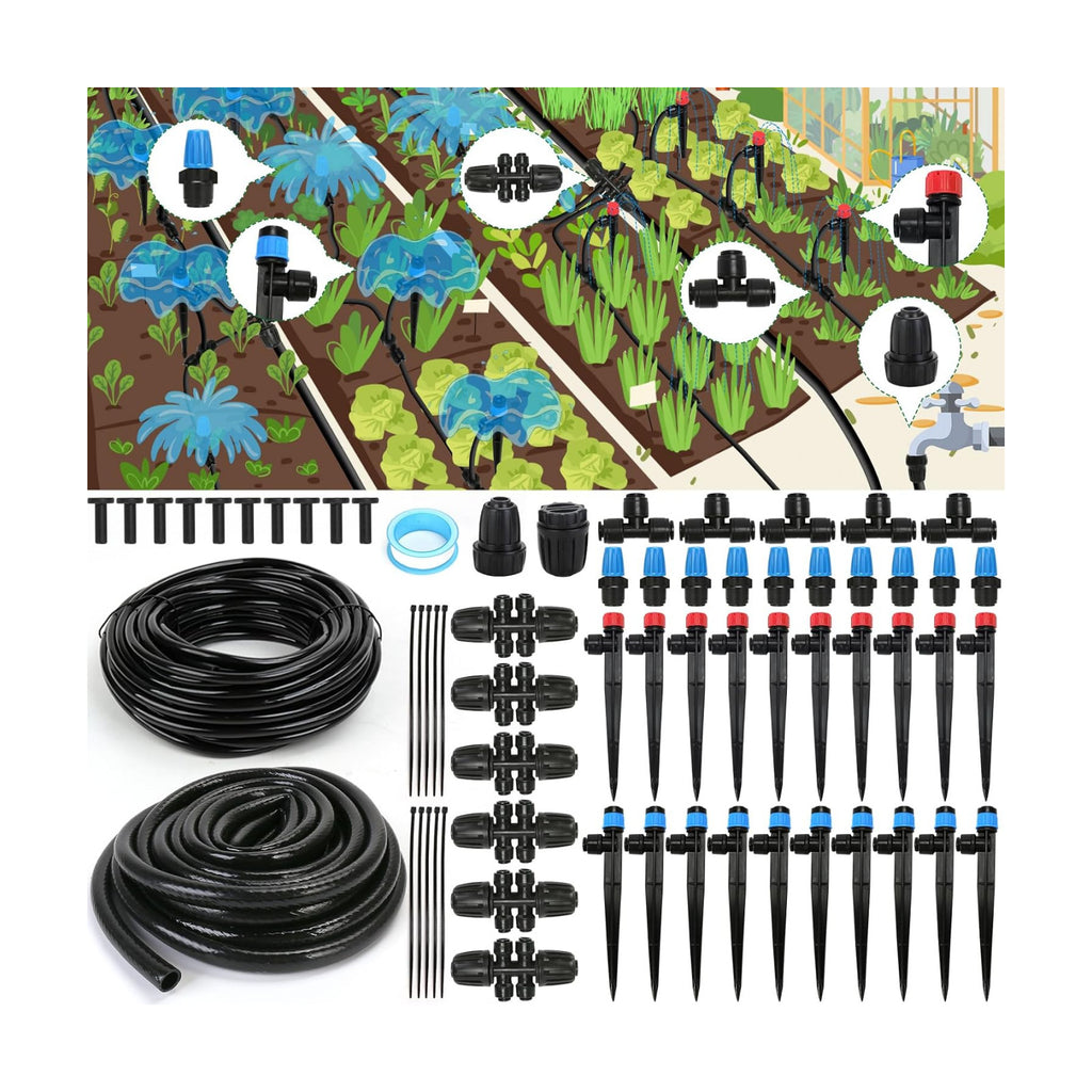 Drip Irrigation Kit, Flantor 190FT Greenhouse Drip Irrigation System Adjustable Garden Watering System with 1/2" & 1/4"