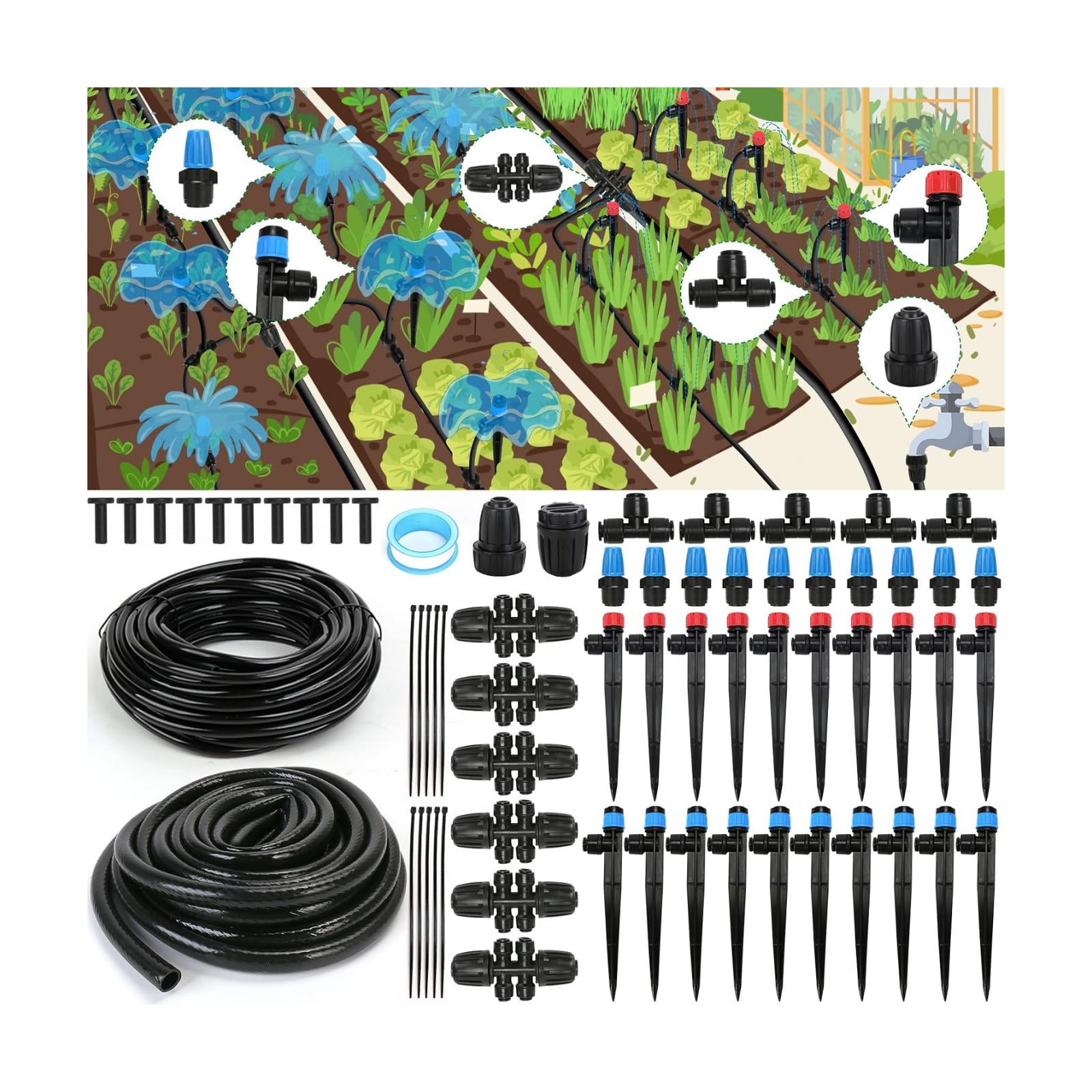 Drip Irrigation Kit, Flantor 190FT Greenhouse Drip Irrigation System Adjustable Garden Watering System with 1/2" & 1/4"