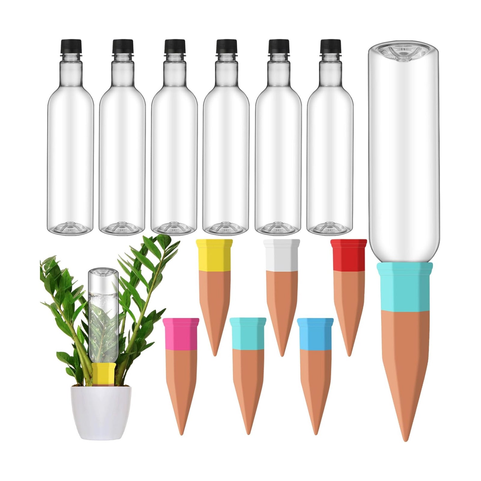 SiliFine 6 Sets Terracotta Watering Spikes,Clear and Mixed Color | 26 oz Bottles for Slow Release Watering, Self