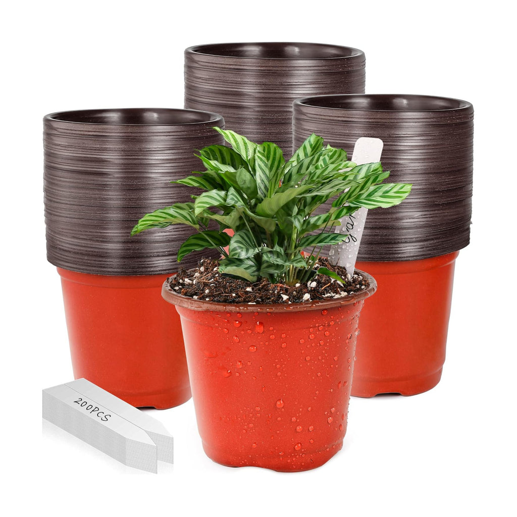 LWWTBS 4" Plastic Plant Nursery Pots 200 Pcs with 200 Labels