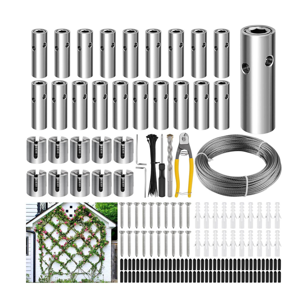 100FT Wire Trellis for Climbing Plants, Kalolary Wall Garden Trellis Kit | 20 Sets T316 Steel Wire Trellis with Cable &