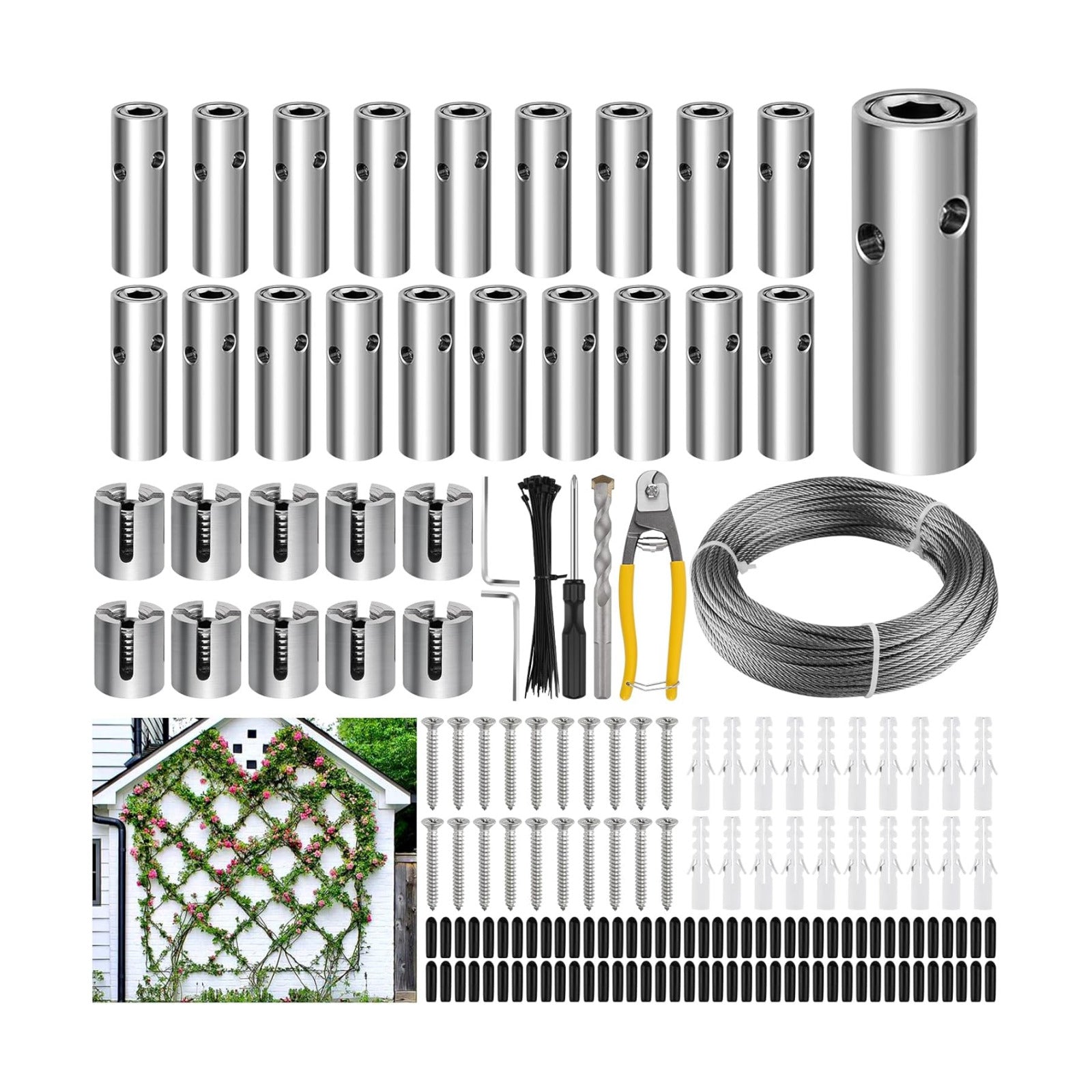 100FT Wire Trellis for Climbing Plants, Kalolary Wall Garden Trellis Kit | 20 Sets T316 Steel Wire Trellis with Cable &