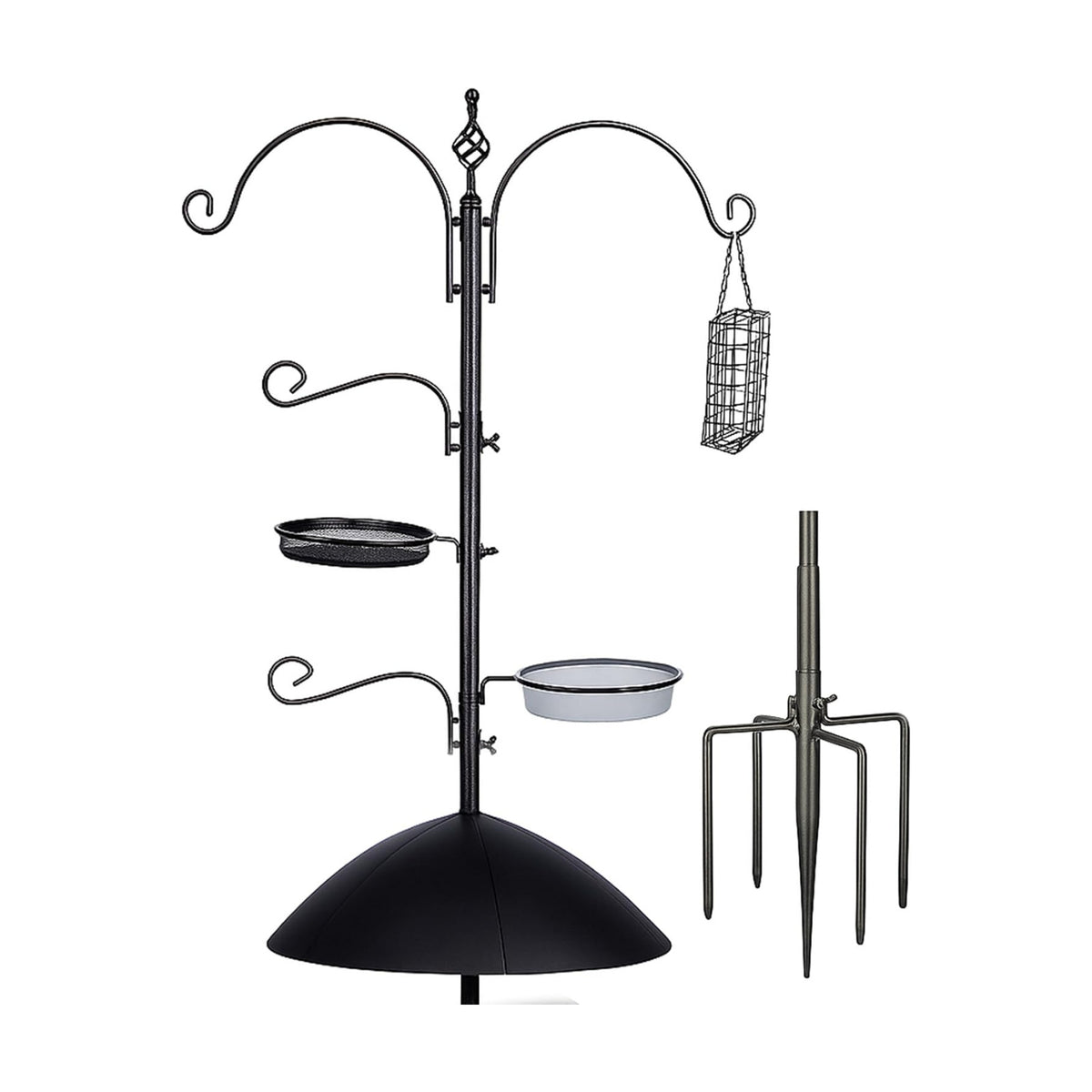 Backyard Expressions Heavy Duty Bird Feeding Station Kit w/Squirrel Baffle - 90" Bird Feeder Pole with 5 Prong Base, Suet Feeder, Mesh Feeding Tray, 4 Feeder Hooks, Water Dish - Black w/Gold Fleck