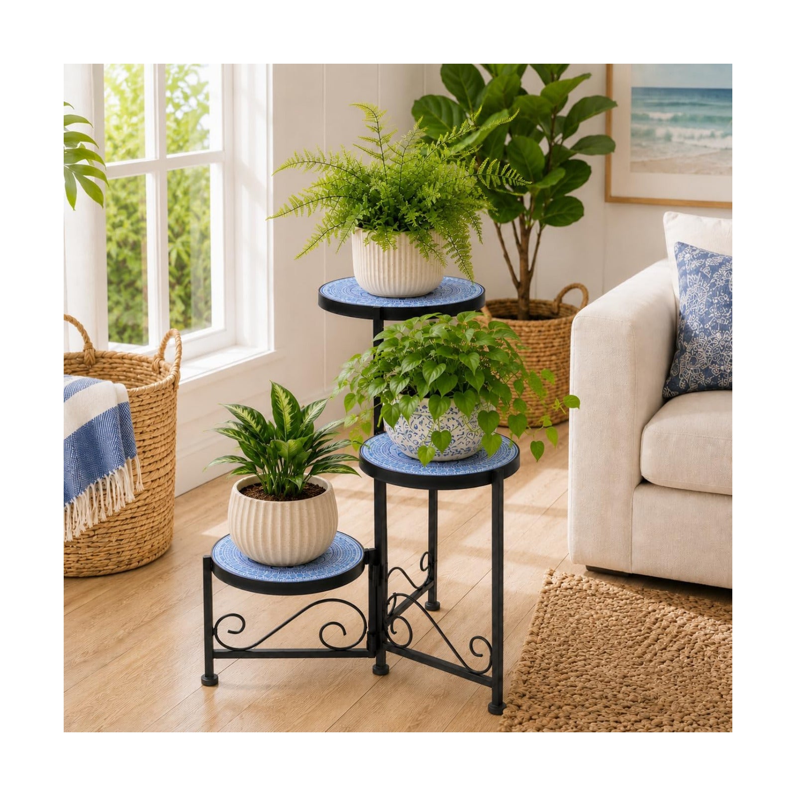 3 Tier Mosaic Ceramic Top Plant Stand, Foldable Flower Pot Holder | Wrought Iron No Assembly Required Space Saving