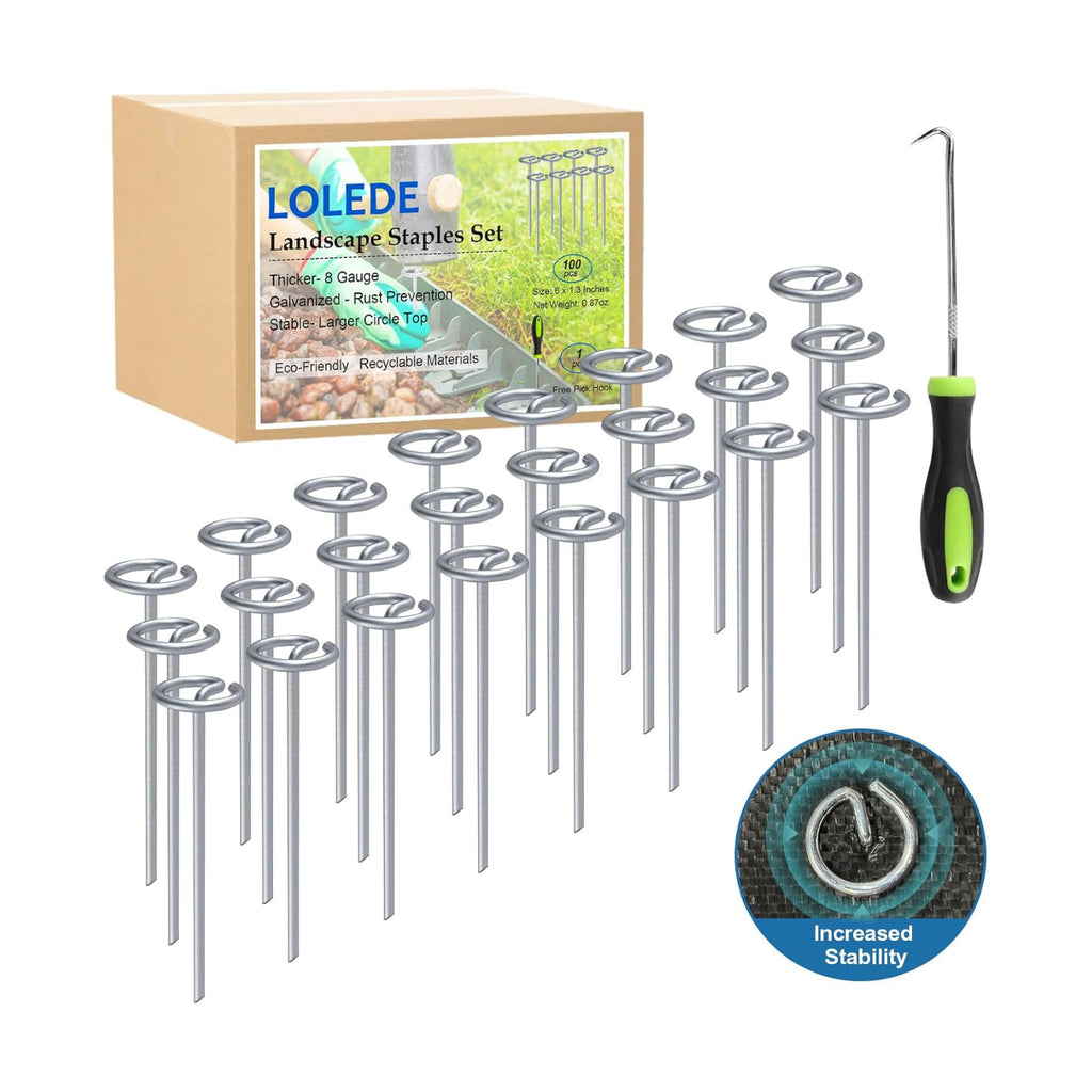 Landscape Staples Set（100Pcs） Thickened 6 Inch 8 Gauge Galvanized Garden Pins Set, Anti-Rust Heavy Duty Circle Top