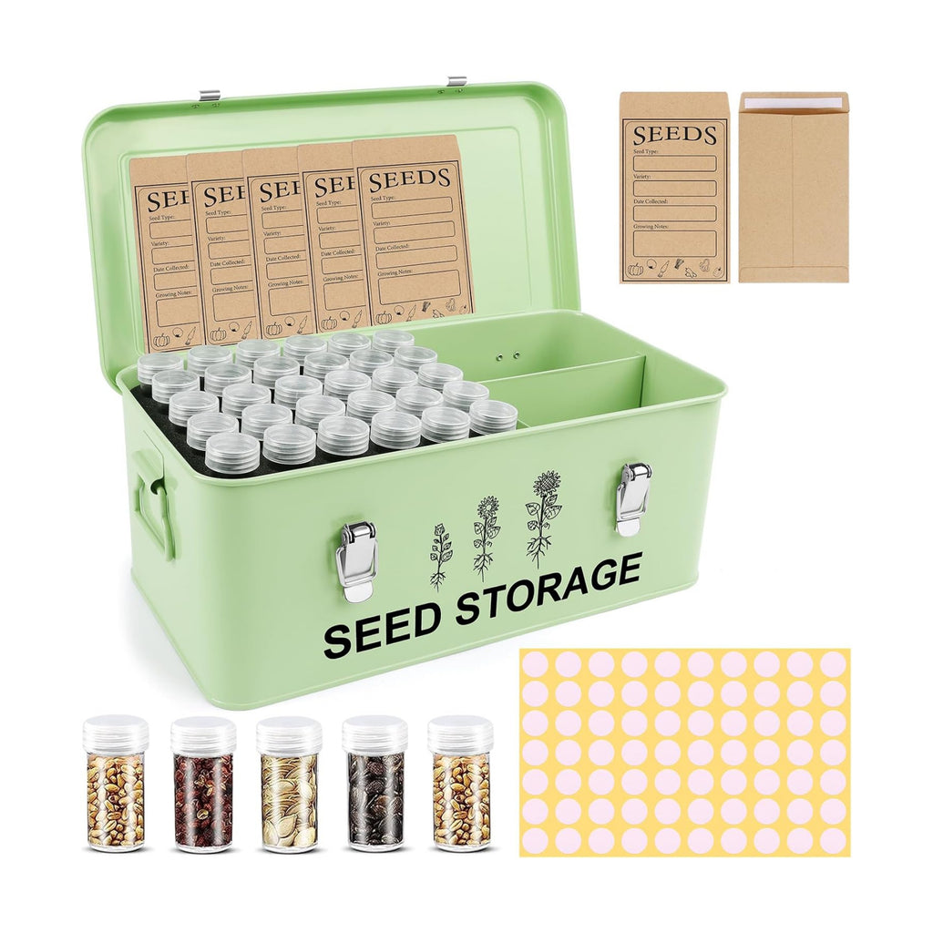 60 Slots Seed Storage Organizer, Metal Seed Box with Lid and Safety Locks | Bamboo, Strong Seal, Completely Blocks