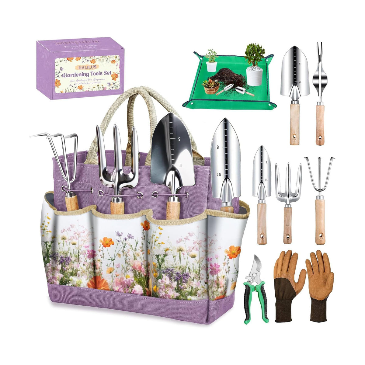 Gardening Tools 9 Pcs Garden Tool Set Stainless Steel Purple Tote Bag Gifts | 9-Piece Gardening Gifts, Rust-Proof