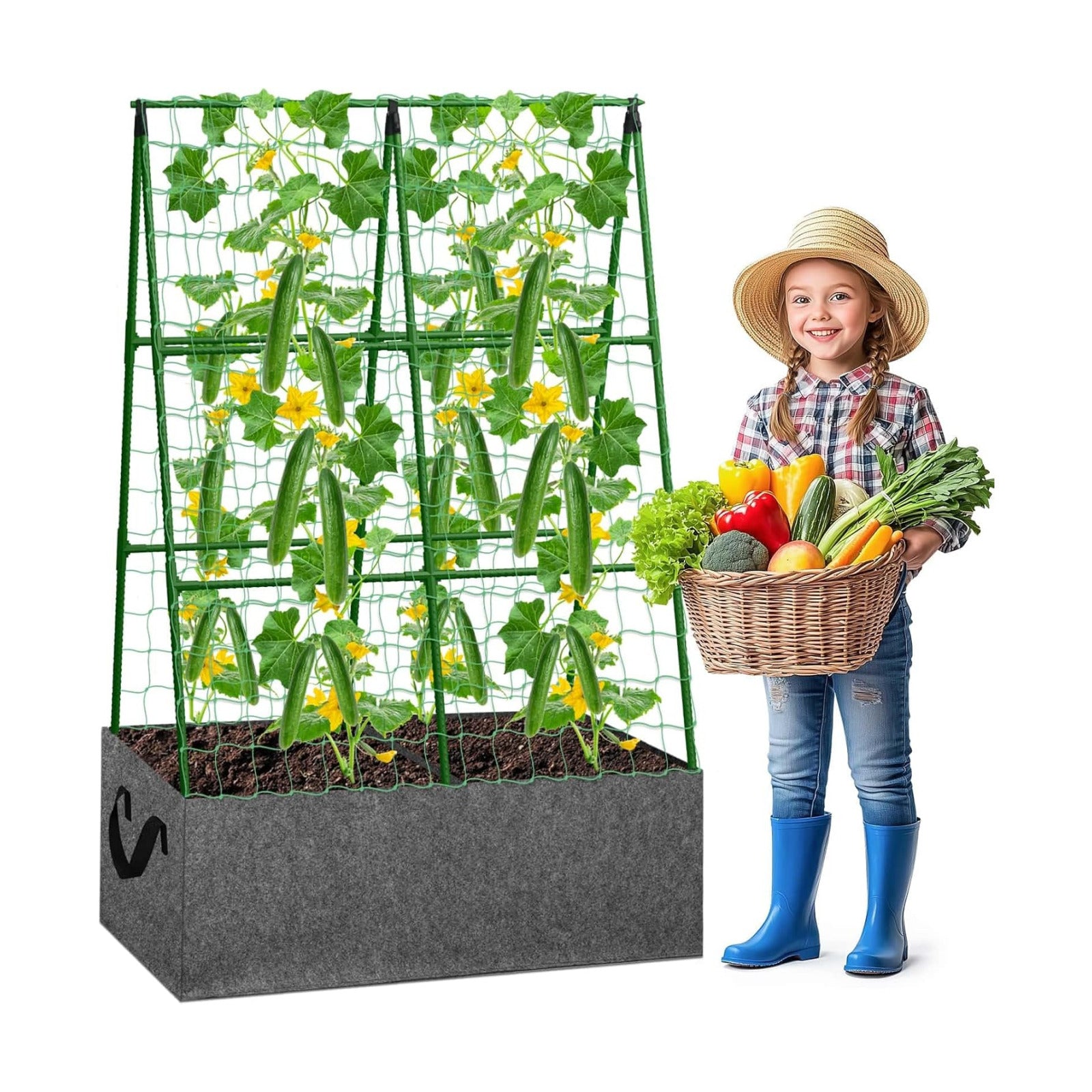 Cucumber Trellis with Grow Bag, 50 x 36 Inches Reusable Garden Vegetable Trellis with Fabric Raised Bed, Climbing Net