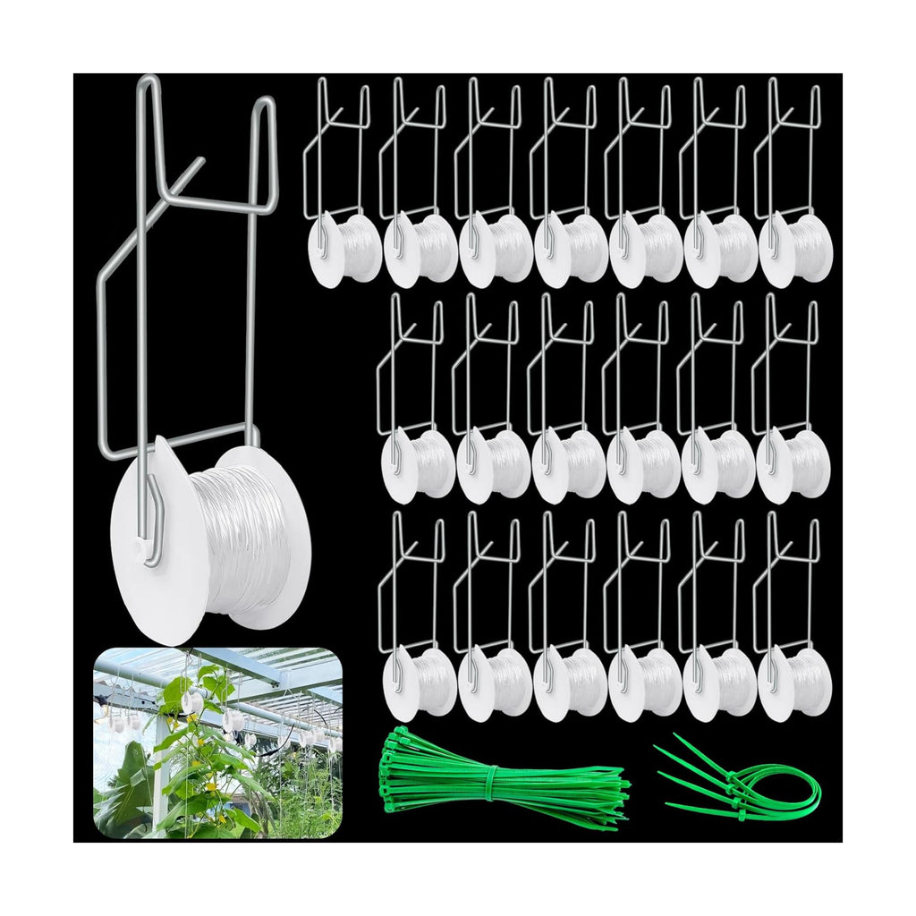 20Pack Tomato Trellis Roller Hooks,Greenhouse Trellising Kit with 100Pcs String Zip Ties for Tomatoes,Vine Twine