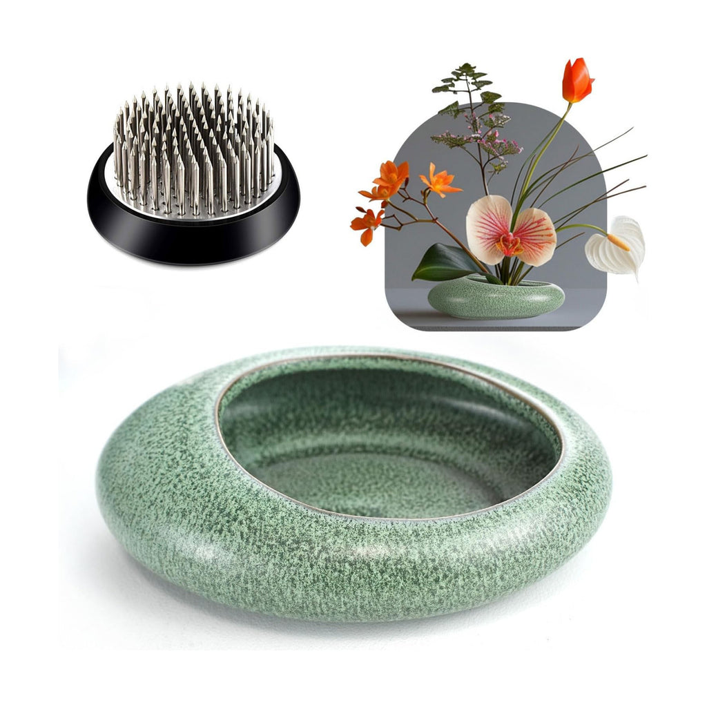 Flower Frog Vase Kit, Ikebana Flower Arrangement Ceramic Water Drop Flower Pot Flower Frog Flower Arrangement Vase Kit (Green Small Size)