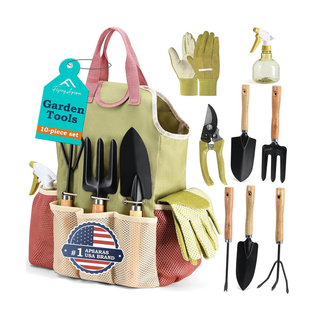 APSARAS USA Gardening Tools, Garden Tool Set, 10 Pieces Heavy Duty Sturdy Steel Gardening Tool Set with 600D Oxford
