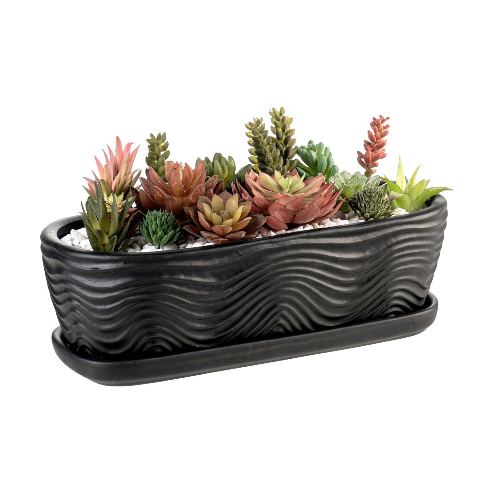 MyGift 13.5 inch Succulent Planter Pot, Oval Modern Ceramic Plant Box Container with Wave Textured Pattern and