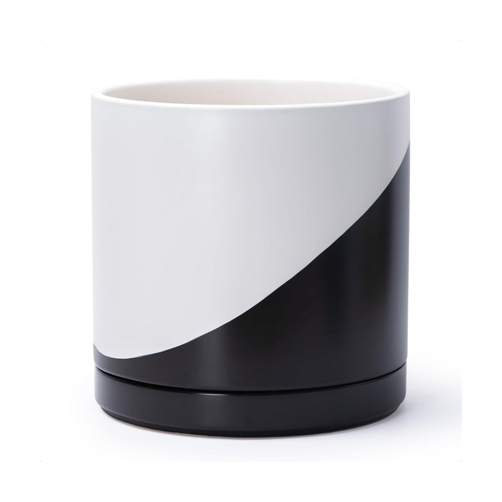 D'vine Dev 12 Inch Ceramic Planter Pot, Black White Diagonal, 94-O-F-K | Modern Cylinder Design, Drainage Hole & Saucer