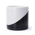 D'vine Dev 12 Inch Ceramic Planter Pot, Black White Diagonal, 94-O-F-K | Modern Cylinder Design, Drainage Hole & Saucer