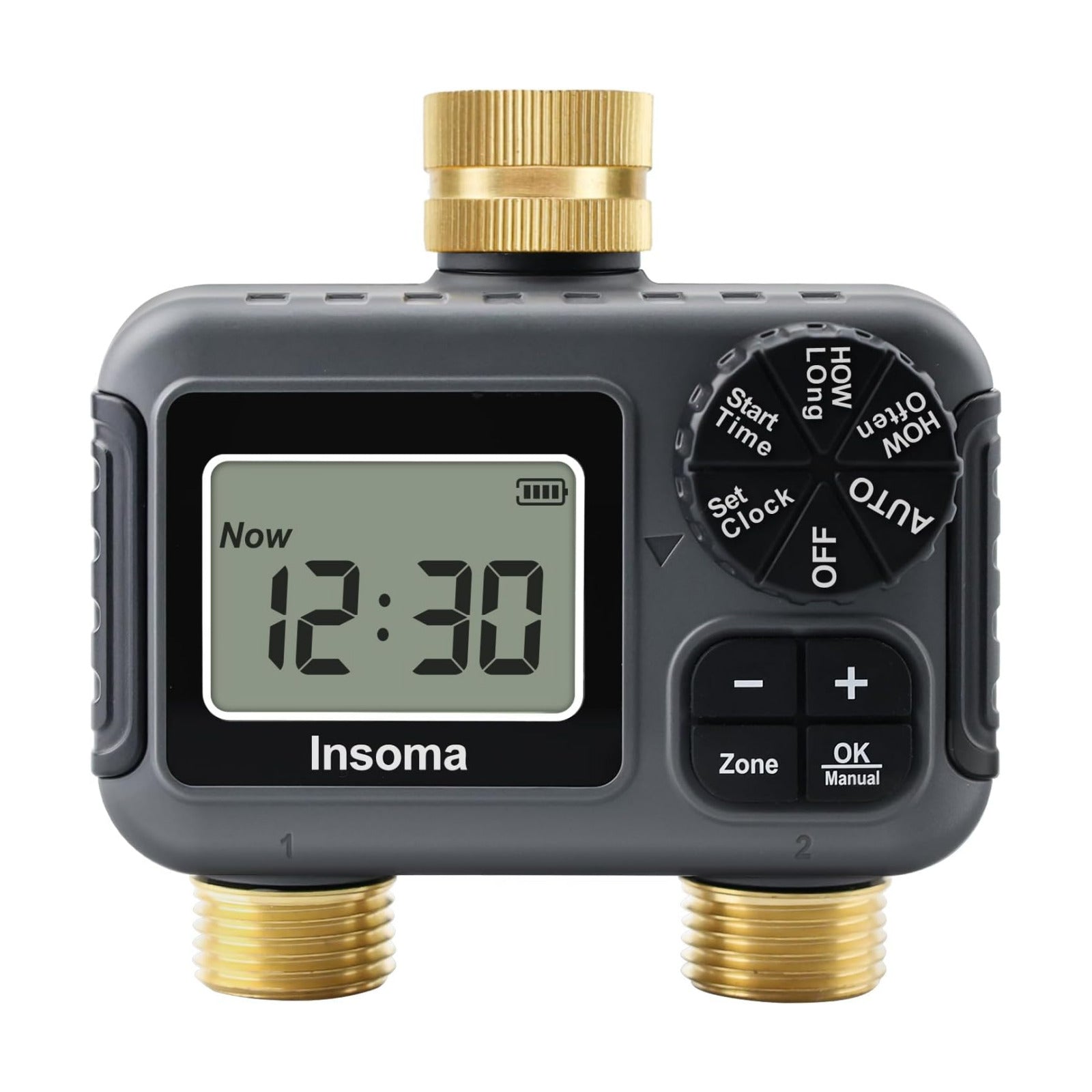Insoma 2-Zone Water Timer Brass Inlet/Outlet, Programmable Outdoor Hose Faucet Timers with Auto/Manual Modes + Rain
