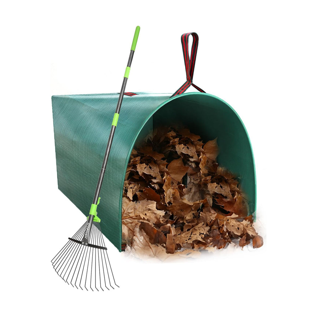 63.4 Inch Adjustable 18 Tines Metal Leaf Rake Set with 40 Gal Dustpan Bags | Adjustable garden rake, Leaf scoop set