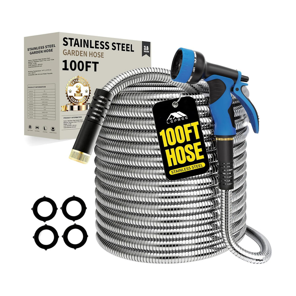 100ft Metal Garden Hose - Heavy Duty 304 Stainless Steel Flexible Water Hose, No Kinks & Leak-Proof with Upgraded