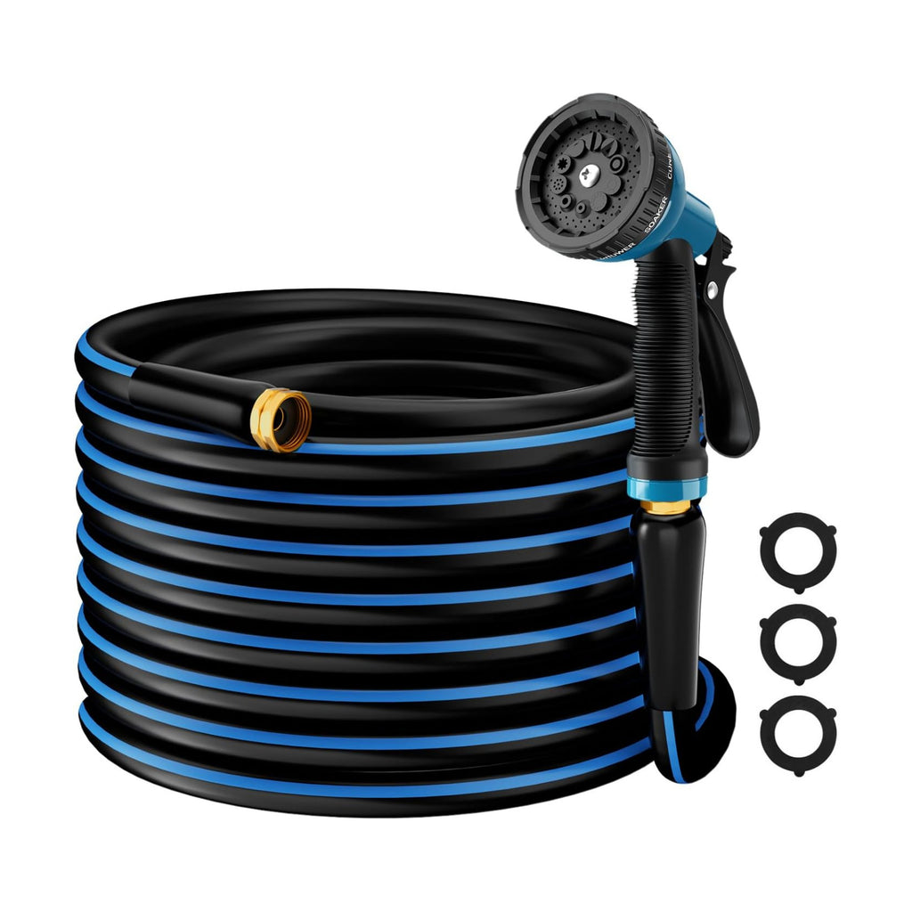 Besiter Heavy Duty Garden Hose 5/8" 50FT: Flexible Rubber Water Hose with 10 Function Sprayer - Leakproof Hose Male to